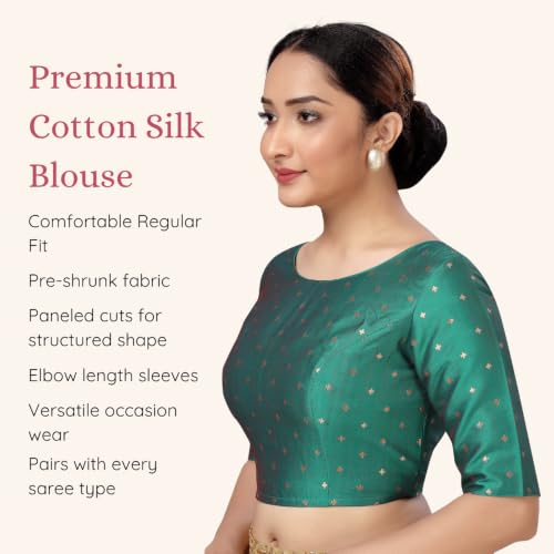 Image of Studio Shringaar Women Cotton Silk Silky Brocade Readymade Elbow Length Sleeves Saree Blouse Choli