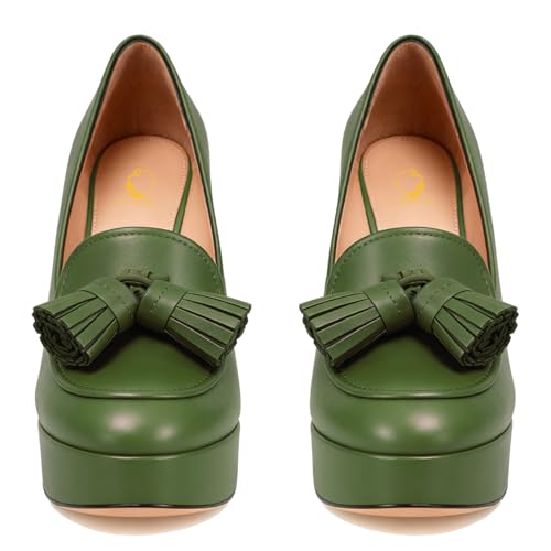 Image of SHODENSE Women Vintage Chunky Platform Loafers Pumps Tassel Round Closed Toe Slip On Suede Block High Heel Dress Loafer Shoes Buckle Strap Oxford Loafers Fringe Pump Dressy Chic Sexy Y2k 4-11 M US