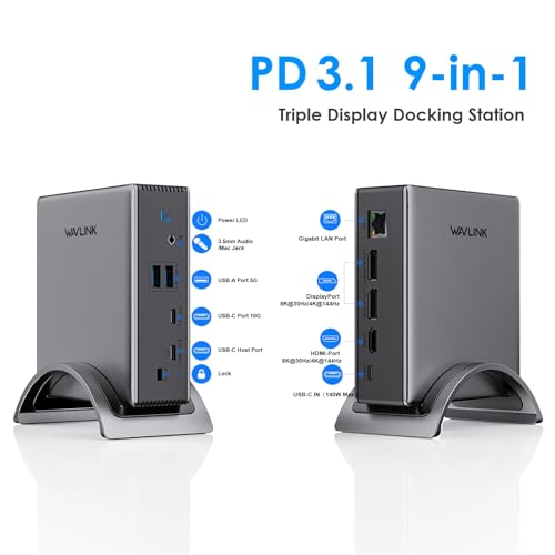 Image of USB C Docking Station, PD3.1 Docking Station 3 Monitors with 2* DP + HDMI,Single 4K@144Hz,140W Charger, USB-C 10Gbps, 2* USB-A 5Gbps, Gigabit Ethernet, Audio /Mic, for Windows,Dell,HP,Lenovo
