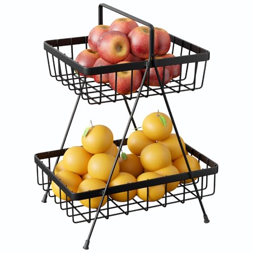 Image of Lifelong 2-Tier Fruit Basket Stand for Kitchen & Dining Table|Black Metal Wire Organizer for Fruits, Vegetables & Snacks |Countertop Storage Rack with Baskets |Vertical Storage for Pantry & Home Decor