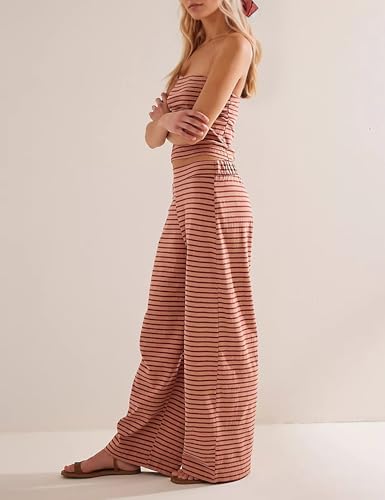 Women’s 2 Piece Sets Striped Summer Matching Outfits Strapless Crop Tube Top and Wide Leg Pants Lounge Set3