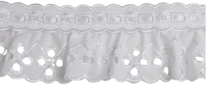Generic 2.5"" Ruffled Eyelet White Beaded Gathered Fabric Trim - 12 Yards