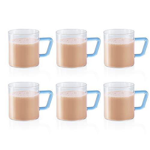 Image of Borosil Vision Glass Set, 350ml, Set of 6, Transparent & Vision Tea N Coffee Glass Mug Set of 6 - Microwave Safe, Blue Handle, 190 ml Combo