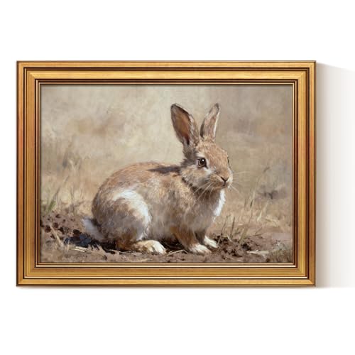 ARPEOTCY Gold Framed Art Prints, Nursery Play Room Cute Wall Decor,Bunny Rabbit Canvas Painting, 12x16inch, Cozy Home Decorations Gift for Kids,earthy tone