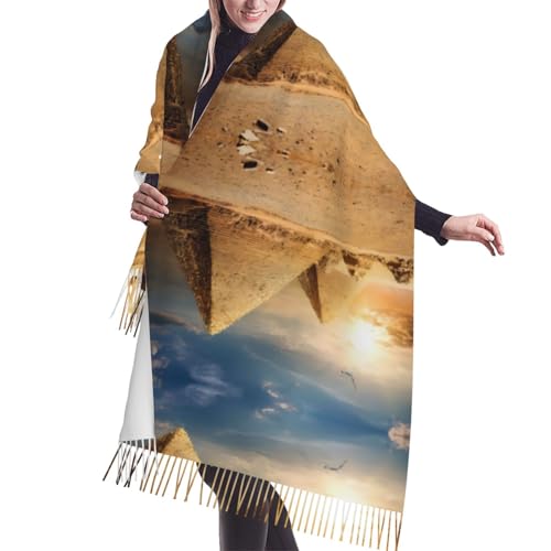 lsnFNN Egyptian Pyramid in Desert Print Cashmerette Fringed Scarf for Women â€“ Soft Long Wrap Shawl, Warm Fall Winter Fashion Accessory