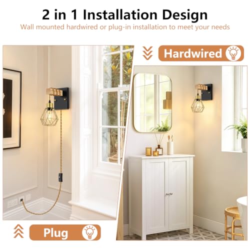 Image of Lomoky Rustic Plug in Wall Sconces Set of 2, Black Wall Lamps with Plug in Cord, Vintage Wall Light Fixtures with On /Off Switch and Gold Metal Cage for Living Room, Bedroom, Bedside