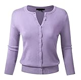 Women's 3/4 Sleeve Crewneck Knit Button Down Cardigan Sweater M Lilac
