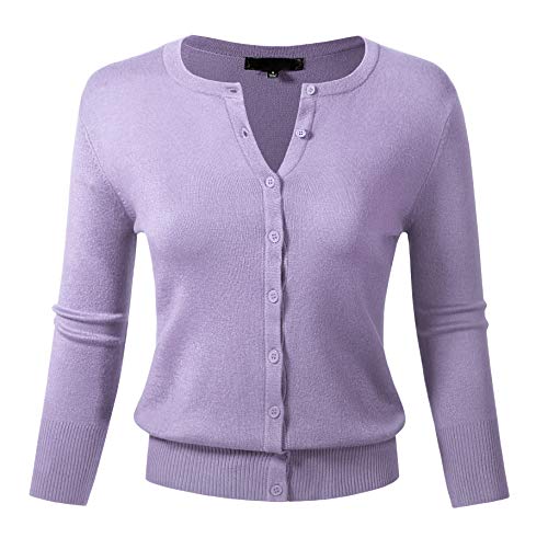 Women's 3/4 Sleeve Crewneck Knit Button Down Cardigan Sweater M Lilac #TOP14