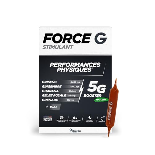 Vitavea Force G Stimulant - Complément alimentaire performances physiques - Ginseng, Gingembre, Guarana, Gelée Royale, Grenade, Maca - Actifs renforcés - 10 ampoules - 10 jours - Fabriqué en France