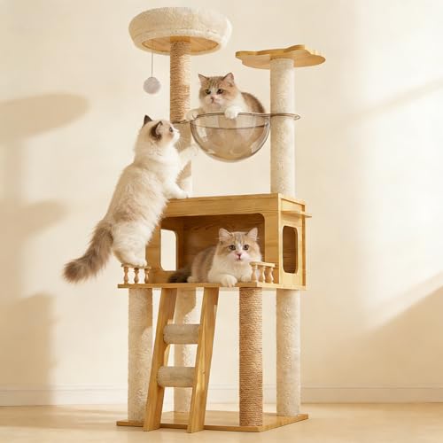 Árbol para Gatos de Madera de 57.9 pulgadas con Columpio y Escalera miniatura 1