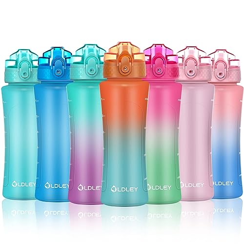 OLDLEY 450ml/15oz Water Bottle with Straw Reusable Drink Bottles with Times Markings for School Home Camping Outdoor Sports BPA Free Leakproof Durable
