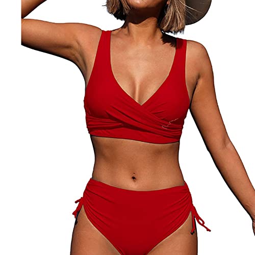 Jarseila Damen Push Up Bikini Set Crossover Bikini Zweiteiler Badeanzug Sexy V Ausschnitt Bikini High Waist Bademode #A-Rot XL