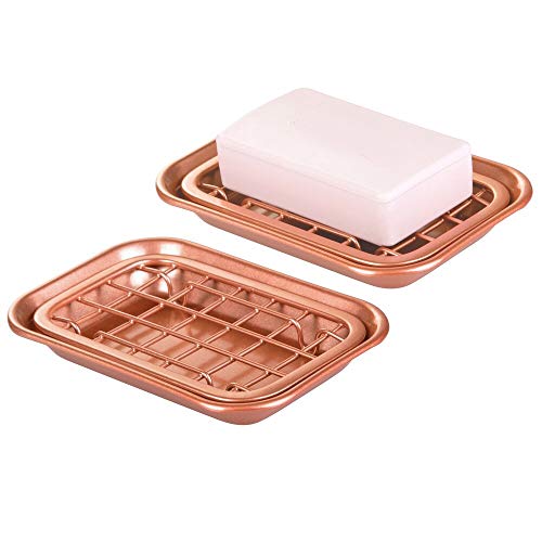 mDesign 2-Piece Soap Dish Tray with Drainage Grid and Holder for Kitchen Sink Countertops to Store Soap Sponges Scrubbers - Metal Wire Rust Resistant 2 Pack - Copper