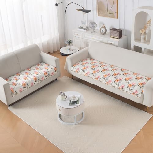 Image of HOKIPO Painterly Floral Quilted Sofa Cover 5 Seater Set with Tassels - Washable 3+2 Sofa Cover Mat |'Tassel Twigs' Series (IN-985-T8 + IN-983-T8)