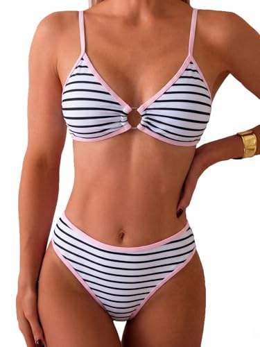 Image of Fanuerg Women's Triangle Bikini Sets O Ring Linked Two Piece Swimsuits Floral Printed Cheeky Bathing Suit