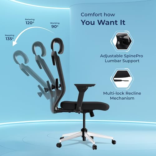 Image of The Sleep Company Stylux Premium Ergonomic Office Chair | Patented SmartGRID seat | SpinePro Lumbar Support | Work, Home, Study | Adjustable Headrest & 4D Armrests | Free Installation| Black