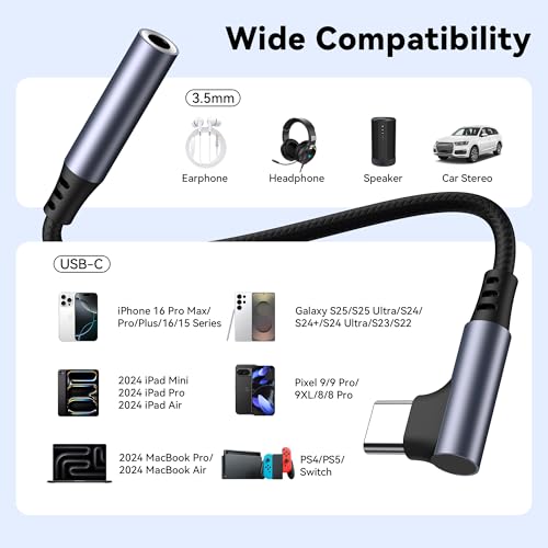 Image of Meliya USB-C to 3.5mm Headphone Jack Right Angle Adapter - Type-C to Aux Digital Audio Dongle with Hi-Res DAC Chip, Compatible with iPhone 17 /16 /15 Series, Samsung, Google Pixel & USB-C Devices 1 pack