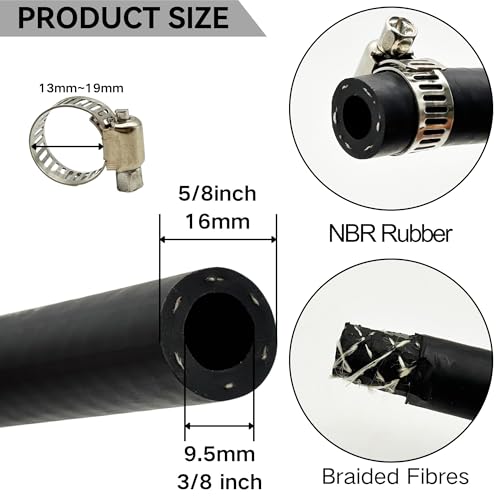Image of 3 /8 Inch ID Fuel Line Hose Braided J30R7 NBR Rubber Tubing 8 Feet for Automotives Boat Generators w / 10 Clamps (9.5mm ID)