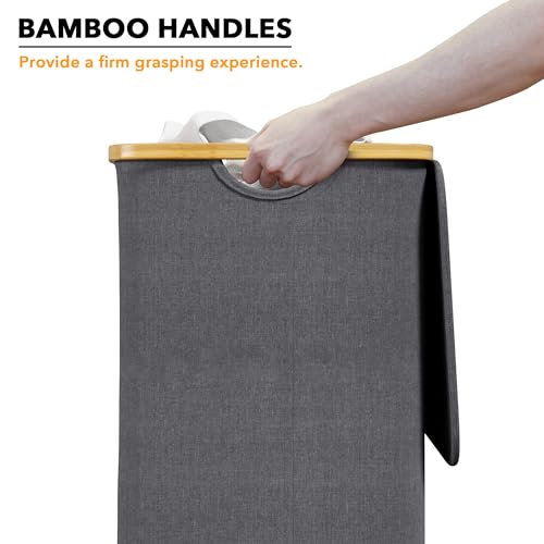 SpaceAid Laundry Hamper with Lid, 110L Large Tall Clothes Basket Bin with Bamboo Handles, Collapsible Laundry Hamper for Bedroom, Bathroom, Dorm, Laundry Room - Grey