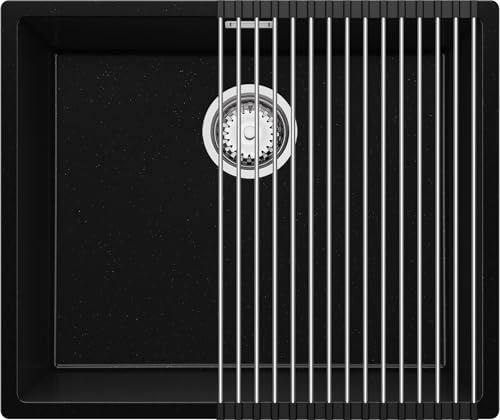 PRIMAGRAN Evier Sous Plan Noir Métallisé 56x47cm, Evier en Granit 1 bac + Kit de Vidage + Égouttoir Enroulable, Évier al mueble 60cm - London S334