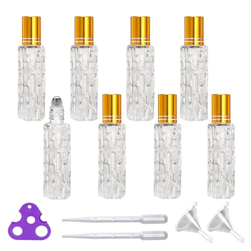PYAWI 8Pcs 10ml Clear Glass Roller Bottles Mini Roll on Perfume Bottle Sample Vials Containers,Empty Refillable Travel Perfume Bottle(2 Funnels, 2 Dropper, 1 Opener) (Gold Cap)