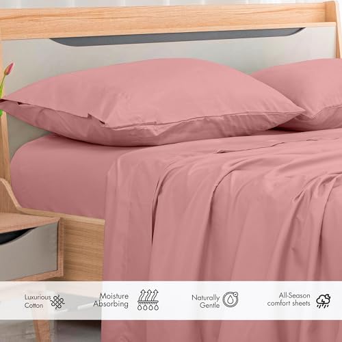 Image of Royale Linens 300 Thread Count 100% Long Staple Combed Cotton Flat Sheet - Super Soft - Top Sheets - Queen Flat Sheet Sold Separately - Breathable, Cool & Crisp Percale Sheets Only (Queen, Pink)
