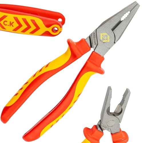 C.K Redline 2025 Edition VDE Combination Plier & Cutter 200mm, 1000v Insulated Electrical Flat Nose Pliers & Wire Cable Cutters, Electricians Engineer Croppers Snips Electrician, CK Tools T39072A 200
