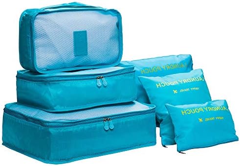 DoGeek Travel Organiser, Travel Essentials Bag 7pcs Packing Cubes for Travel Waterproof Polyester Storage Luggage Travel Storage Bags Clothes Suitcase (Gray) (Lake blue)