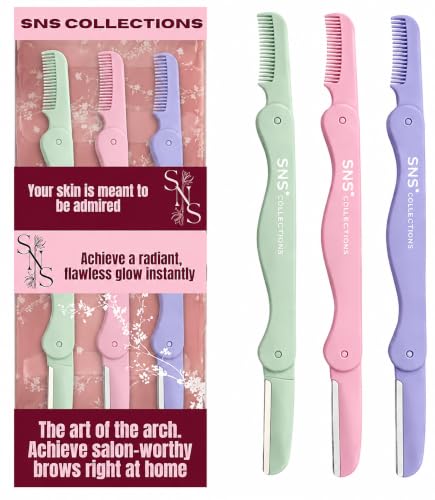 SNS CollectionsDermaplane Razor for Women, Face Razor &amp; Eyebrow Trimmer, Facial Hair Remover, Peach Fuzz Remover, Exfoliating Facial Razor with Protective Cover, Safe Precision Blade, Pack of 3