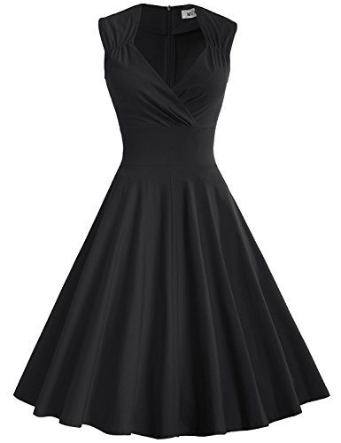 MUXXN Women's 50s 60s Vintage Sexy V-Neck Swing Dress(S,Black)