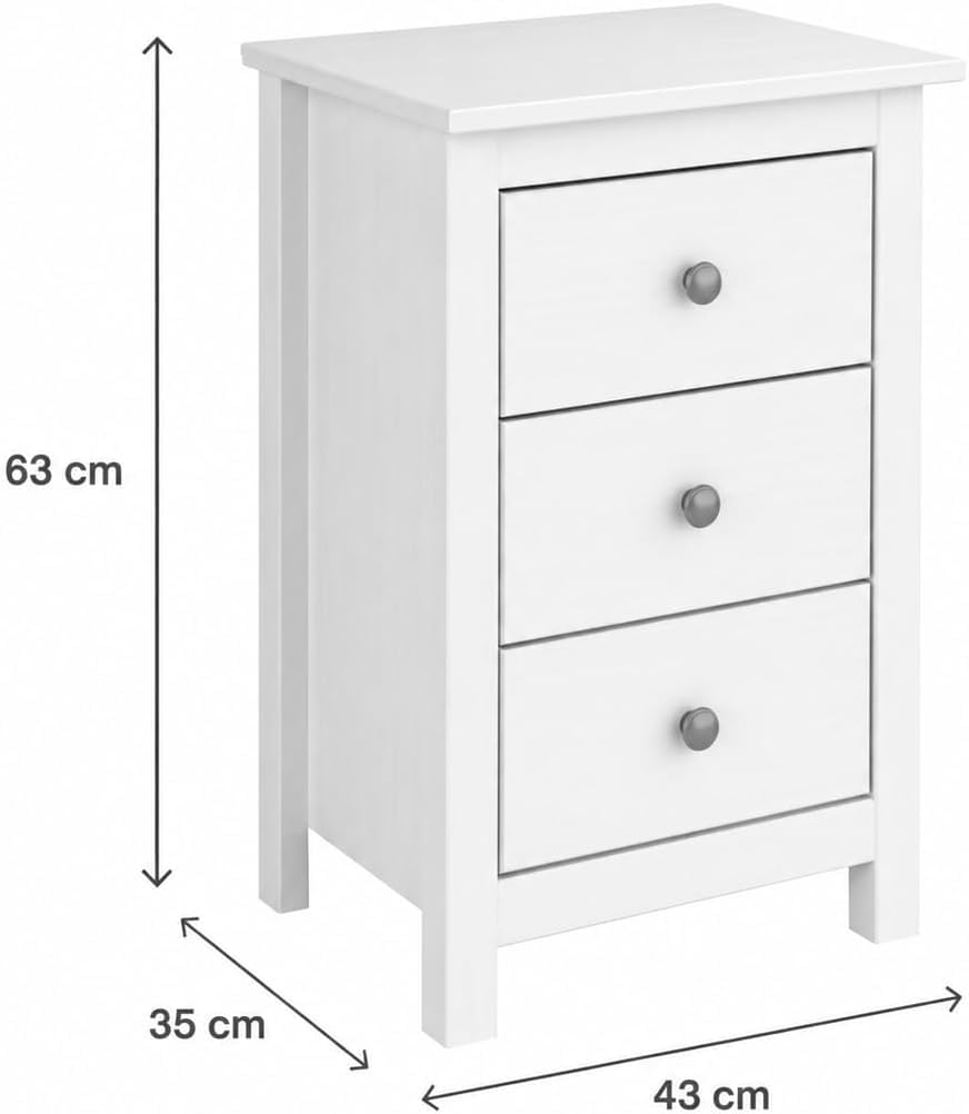 Mesita de Noche 3 cajones Serie Alme – Madera de Pino Macizo Color Blanco Lavado – Cajonera Moderna Auxiliar Dormitorio – 63x43x35 cm