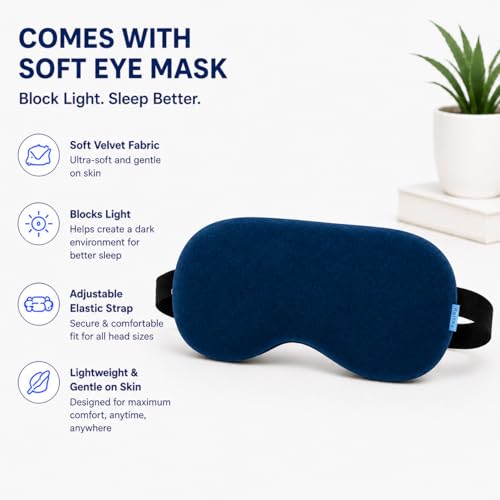 Image of Restify Premium Memory Foam Travel Neck Pillow with Eye Mask | Soft Velvet U Shape Neck Support Cushion for Flight, Airplane, Car & Office Travel | Portable Pillow for Men & Women | Navy Blue