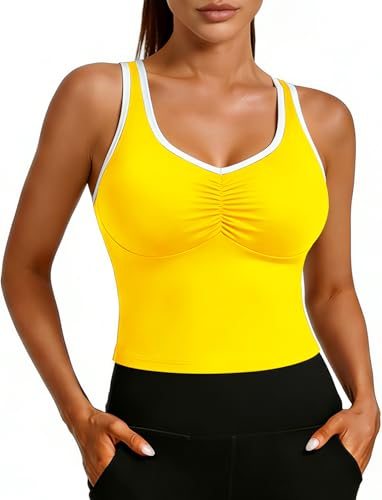 Image of STARBILD Women's Athletic Tank Top Sleeveless, Yoga Tops Basic Classic, Gym Vest with Removable Bra Pads, Sports Crop Shirts for Workout Casual, Mango Yellow S