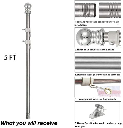 TALITARE Flag Pole with Bracket,5FT Flagpole Kit American Flag with Pole Holder Mounting Bracket Stainless Steel Heavy Duty for Garden Yard Truck Boat Rustproof (Flag Pole with Silver Bracket, 5FT)