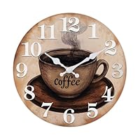 Keepcross Kitchen Wall Clock Coffee Cup Theme Rustic Modern Farmhouse Decor Glass Clock for Kitchen, Coffee Bar, Cafe - 8 Inch, Brown