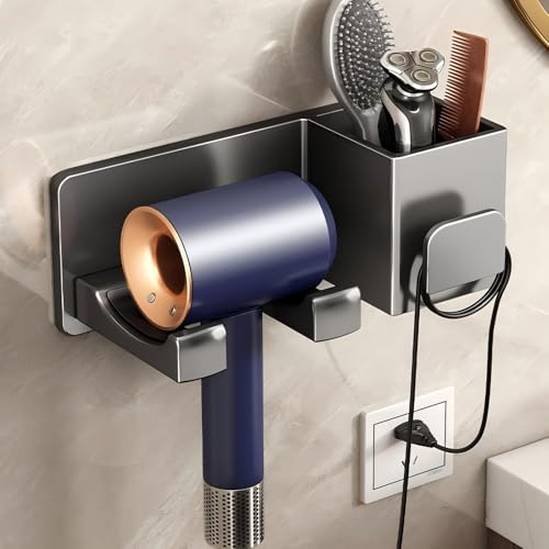 ZIOU Hair Dryer Holder Wall Mounted, Blow Dryer Holder for Salon, Bedroom, Bathroom Storage, Multi-Functional Bathroom Wall Shelves Hair Tools Organizer for Hairdryers Hairbrush - No Drilling Needed