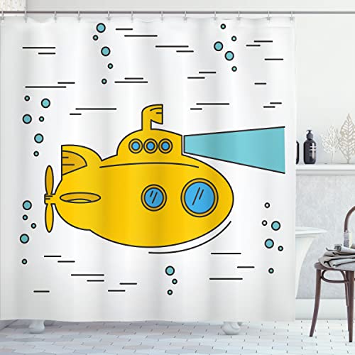 Ambesonne Yellow Submarine Shower Curtain, Ocean Nautical Adventure Underwater Bubbles Porthole Cartoon, Cloth Fabric Bathroom Decor Set with Hooks, 70" Long, White Yellow