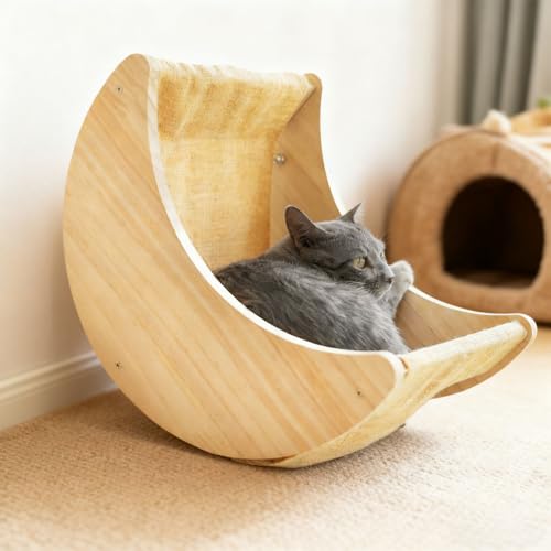 Katzenhängematte aus Holz, Fensterbett mit Saugnäpfen, 39, 4 x 24, 1 cm Sitz, platzsparender Kiefernholzrahmen mit warmgelbem Pad-5