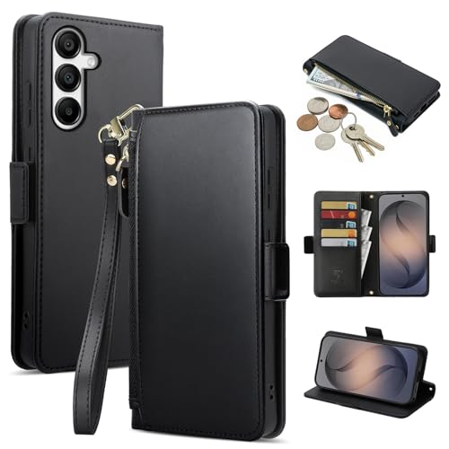 COBEAR for Samsung Galaxy A16 Case Wallet, Pu Leather Flip Phone Case with Wrist Strap, Zipper Pocket, Kickstand, Women Men Phone Wallet Case with Card Holder for Samsumg A16,Black