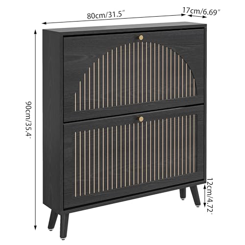 Shoe Storage Cabinet for Entryway with 2 Flip Drawers, Narrow Wood Shoe Cabinet with Fluted Panel, Freestanding Hidden Shoe Organizer for Foyer, Hallway (Black - No Shelf)
