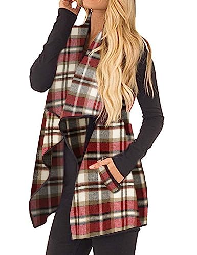 Unidear Womens Open Front Asymetric Hem Sleeveless Plaid Vest Cardigan Jacket with Pockets 23 Light Red XL
