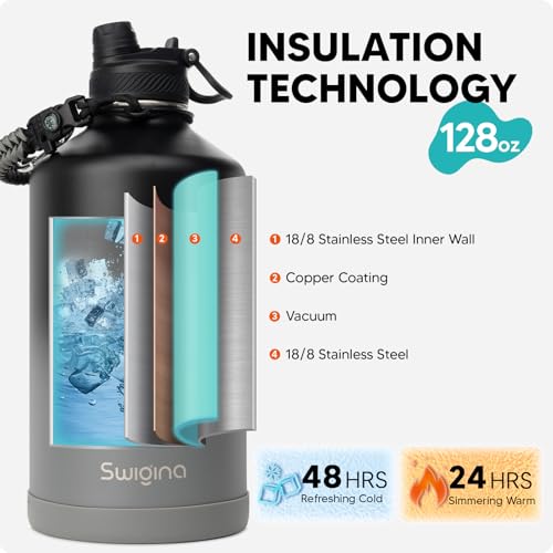 Image of Swigina [2-IN-1 LID] Gallon Insulated Water Bottle with Silicone Boot (48hrs Cold /24hrs Hot) - DIY Stickers, Leakproof, BPA Free, 128 oz