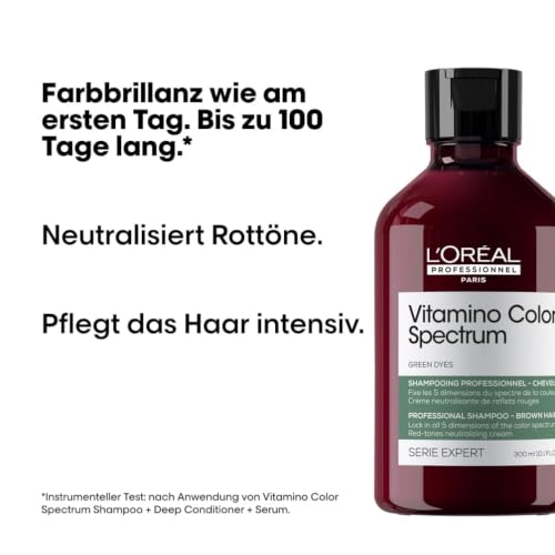 L'Oréal Professionnel Shampoo für Farbbrillanz mit Glass Hair Effekt bei coloriertem Haar, Neutralisiert Rotstich, Serie Expert, Vitamino Color Spectrum Green Dyes Neutralizing Shampoo, 300 ml
