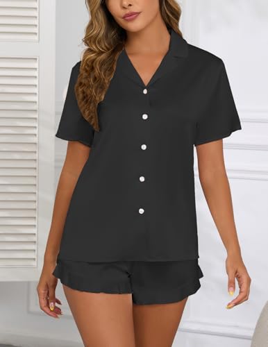 Image of Veseacky Women Satin Pajamas Set 2 Piece Button Down Short Sleeve Soft Sleepwear with Pockets