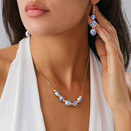 TACBSP Ceramic Bead Necklace Earrings Set for Women Blue White Porcelain Ball Necklace Blue Floral Pattern Jewelry Set Minimalism Chinese Earrings Sets Jewelry Gift (A.) by TACBSP - Used condition - Image 2