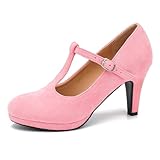 Womens T Strap High Heels Close Toe Classic Round Toe Shoes Comfortable Low Platform Ankle Strap Mary Jane Dress Pumps Pink Velvet-43US 9.5