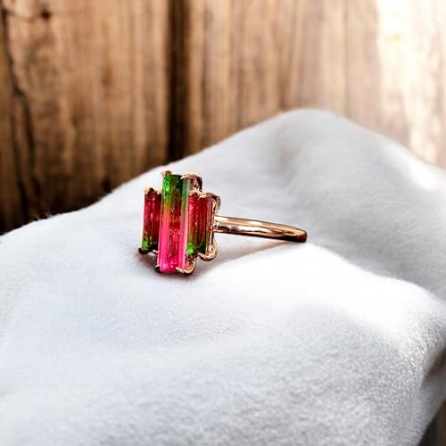 Watermelon Tourmaline Ring for Women - Natural Bicolor Tourmaline Baguette Cut Ring - 14K Gold Plated Statement Ring - Handmade Fine Jewelry - October Birthstone - Anniversary, Bridal, Gift for Her"4