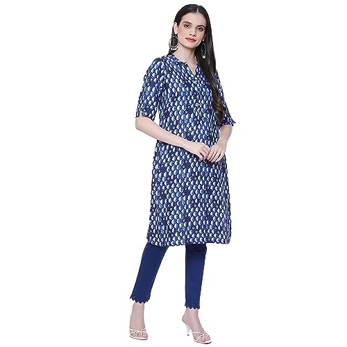 Image of Rangriti Indigo Blue Liva Straight Printed Kurta for Women