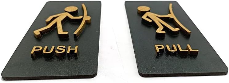 TULAY Black and Gold Push Pull Wooden Sign Board self adhesive stickers for glass door,cabinet, Office, Home, Gate, 15H x 7W CM pack of -2