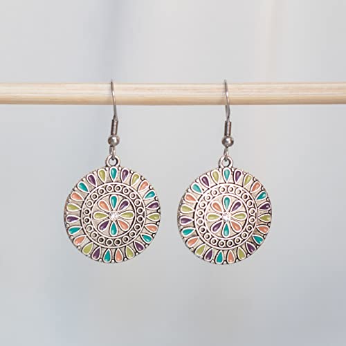 Miniatura 6 de Pendientes Bohemio Vintage De Plata Tibetana Y Acero Inoxidable Plateado. Pendientes Redondos Mujer Colgantes Llamativos. Aretes Mujer Esmaltado Colorido. Ideal Para Regalar. Regalo Original Redondo